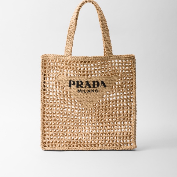 Authentic Prada Triangle Logo Raffia Natural Crochet Tote Bag - Picture 1 of 2